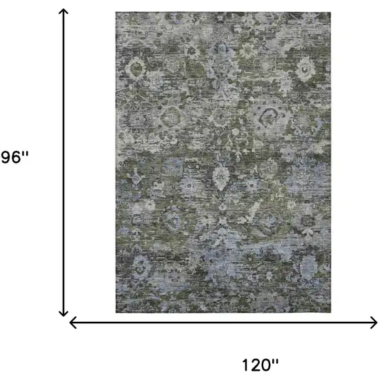 Olive Green And Denim Blue Floral Washable Indoor Outdoor Area Rug Photo 6
