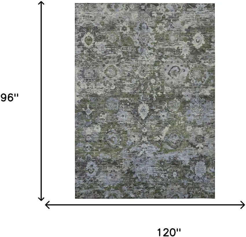 Olive Green And Denim Blue Floral Washable Indoor Outdoor Area Rug Photo 6