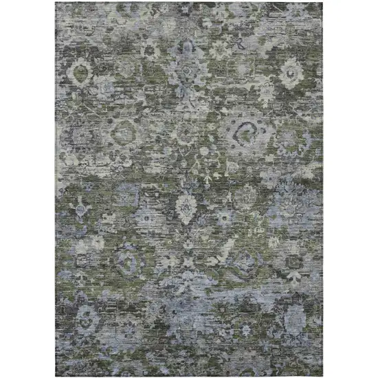 Olive Green And Denim Blue Floral Washable Indoor Outdoor Area Rug Photo 1