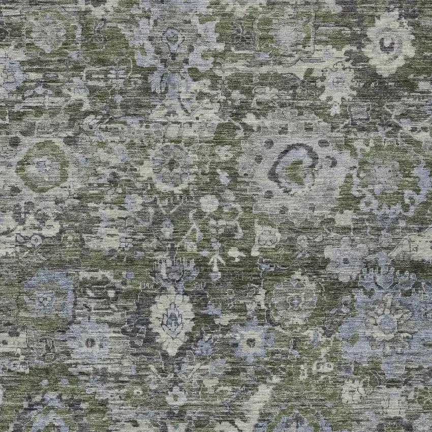 Olive Green And Denim Blue Floral Washable Indoor Outdoor Area Rug Photo 2