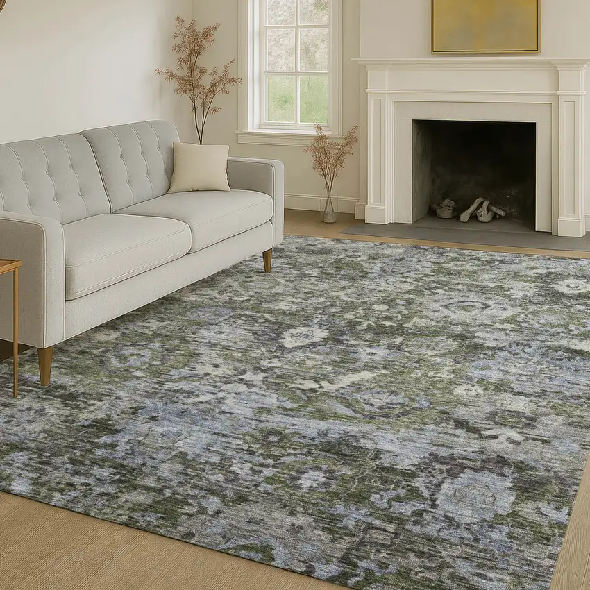 Olive Green And Denim Blue Floral Washable Indoor Outdoor Area Rug Photo 6