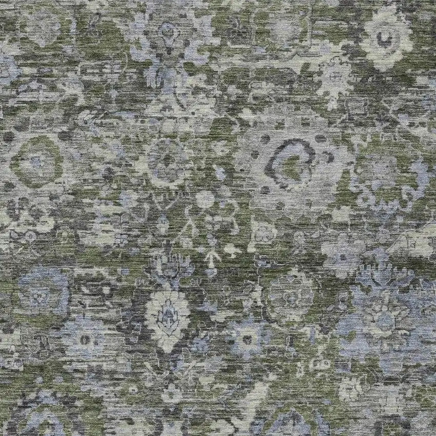 Olive Green And Denim Blue Floral Washable Indoor Outdoor Area Rug Photo 2
