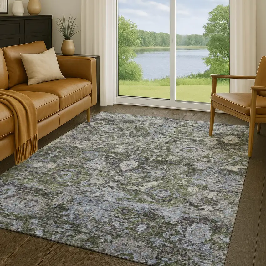 Olive Green And Denim Blue Floral Washable Indoor Outdoor Area Rug Photo 5