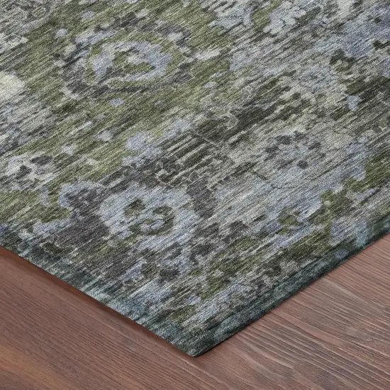 Olive Green And Denim Blue Floral Washable Indoor Outdoor Area Rug Photo 8