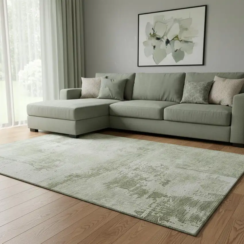 Olive Green And Fern Green Abstract Washable Area Rug With UV Protection Photo 2