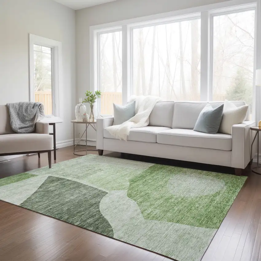 Olive Green And Fern Green Abstract Washable Indoor Outdoor Area Rug Photo 8