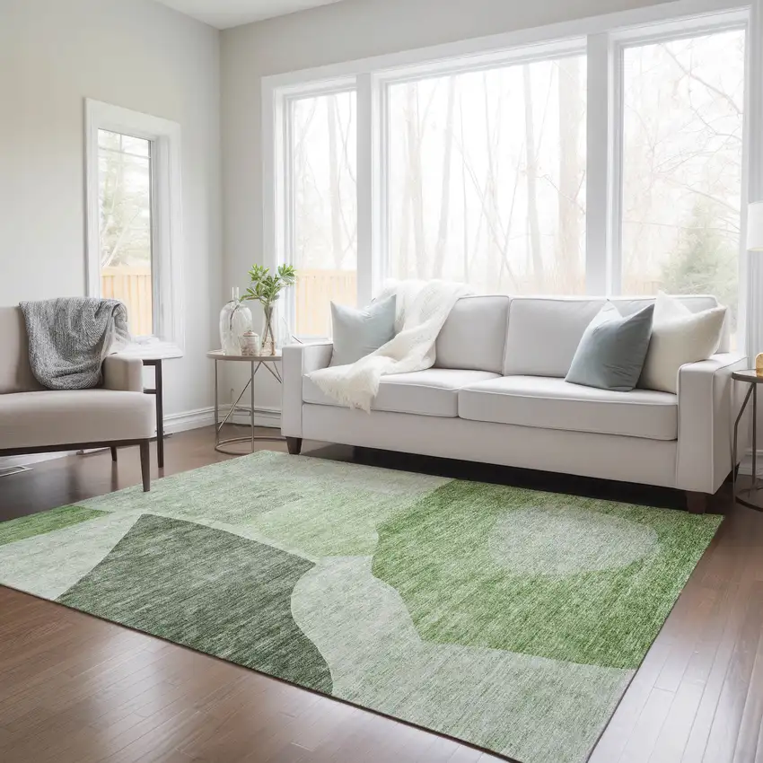 Olive Green And Fern Green Abstract Washable Indoor Outdoor Area Rug Photo 9