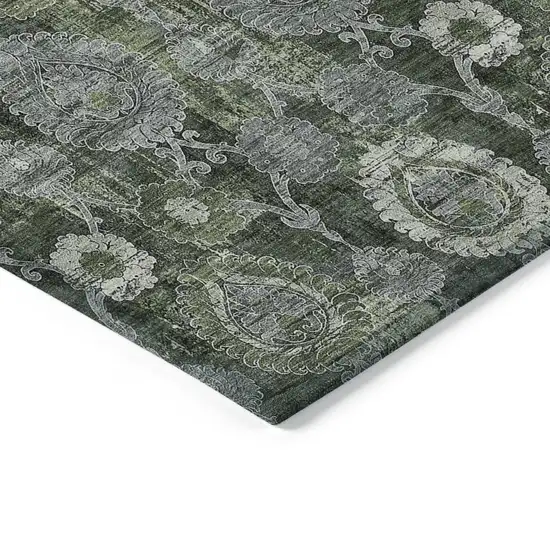 Olive Green And Fern Green Damask Washable Indoor Outdoor Area Rug Photo 5