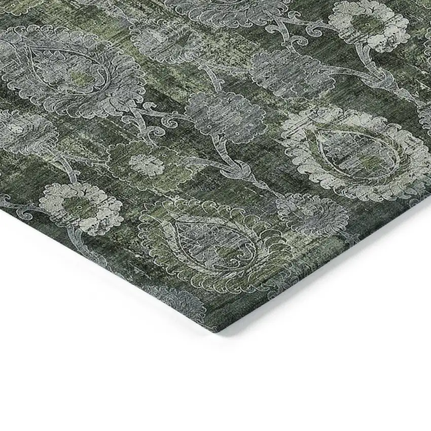 Olive Green And Fern Green Damask Washable Indoor Outdoor Area Rug Photo 5