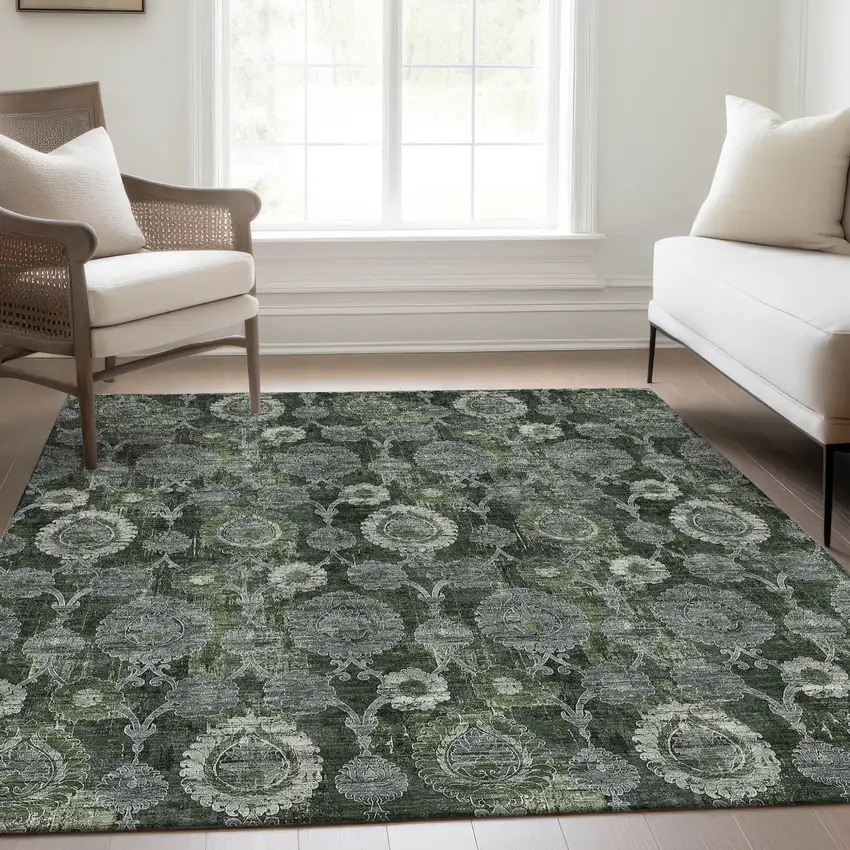 Olive Green And Fern Green Damask Washable Indoor Outdoor Area Rug Photo 8
