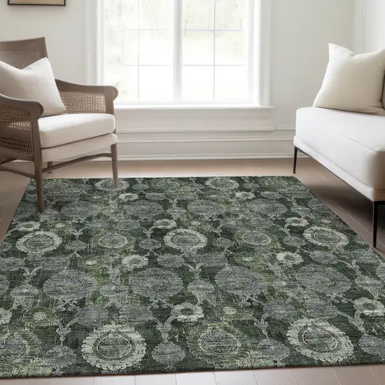 Olive Green And Fern Green Damask Washable Indoor Outdoor Area Rug Photo 8