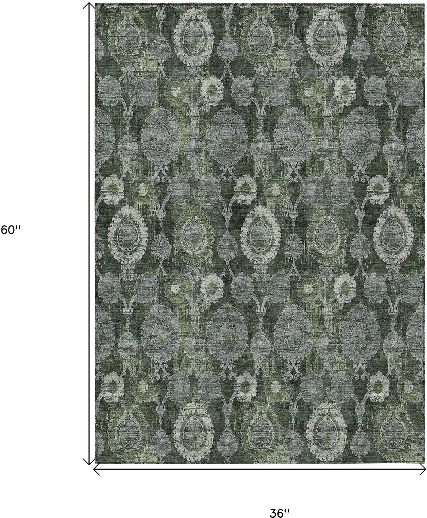 Olive Green And Fern Green Damask Washable Indoor Outdoor Area Rug Photo 3