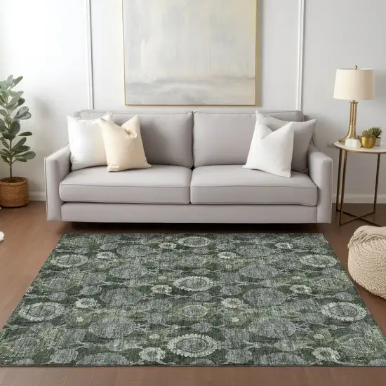 Olive Green And Fern Green Damask Washable Indoor Outdoor Area Rug Photo 9