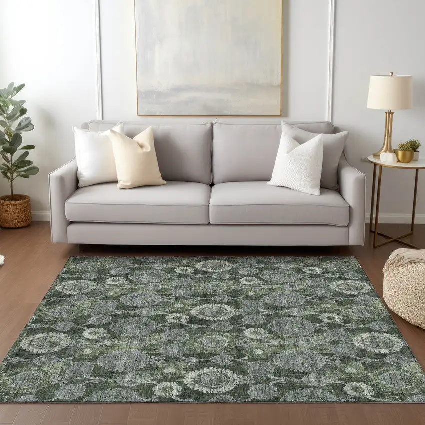 Olive Green And Fern Green Damask Washable Indoor Outdoor Area Rug Photo 9
