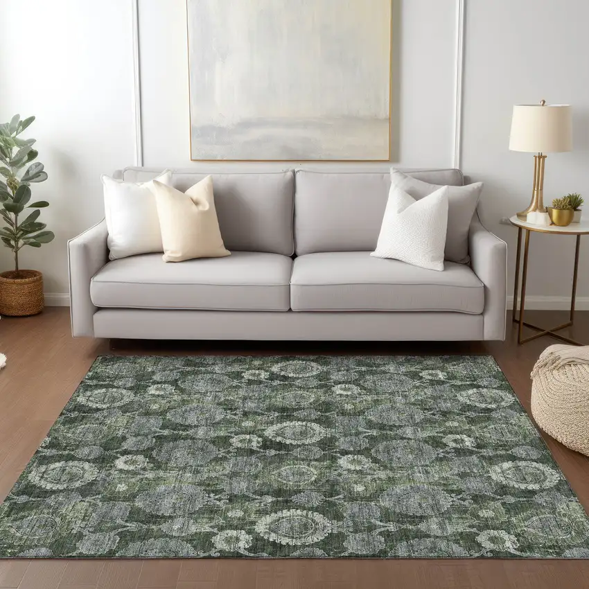 Olive Green And Fern Green Damask Washable Indoor Outdoor Area Rug Photo 9