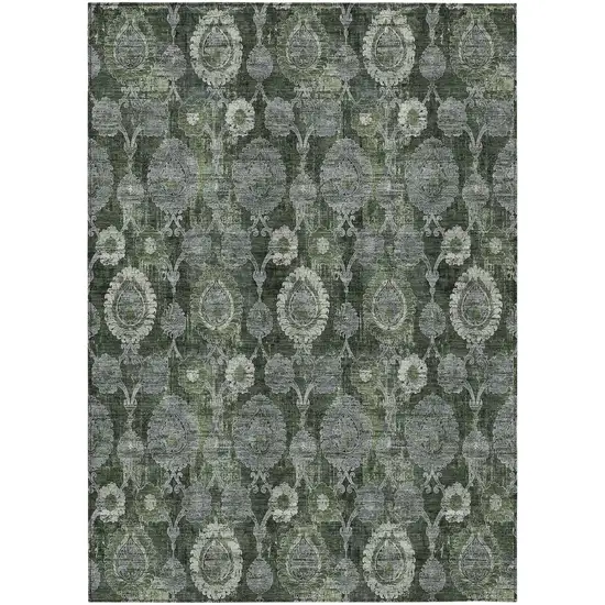Olive Green And Fern Green Damask Washable Indoor Outdoor Area Rug Photo 2