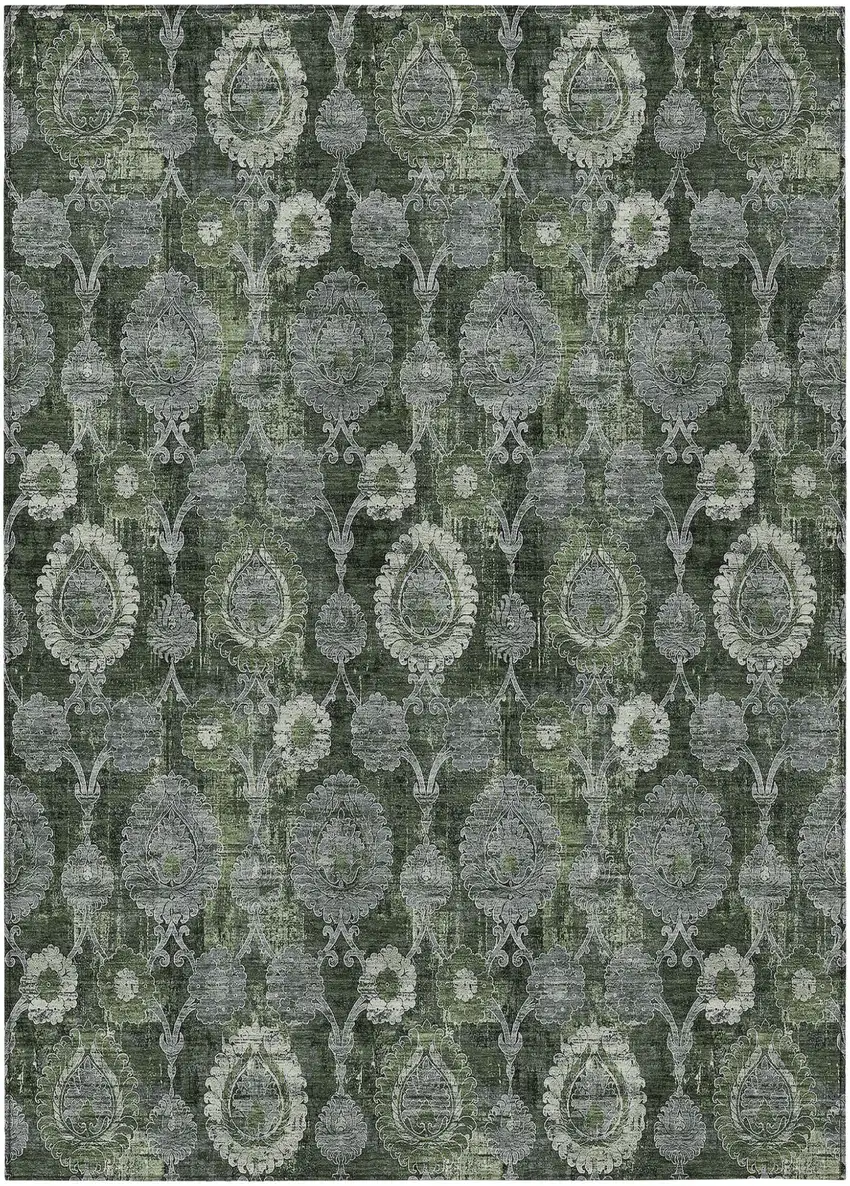 Olive Green And Fern Green Damask Washable Indoor Outdoor Area Rug Photo 2