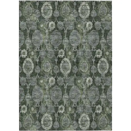 Olive Green And Fern Green Damask Washable Indoor Outdoor Area Rug Photo 2