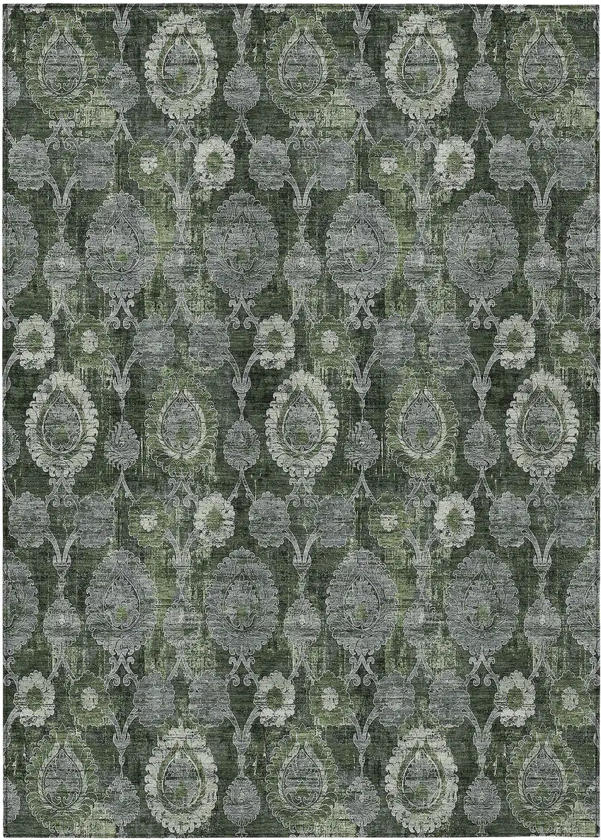 Olive Green And Fern Green Damask Washable Indoor Outdoor Area Rug Photo 2
