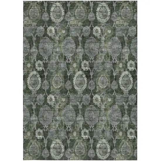 Olive Green And Fern Green Damask Washable Indoor Outdoor Area Rug Photo 6