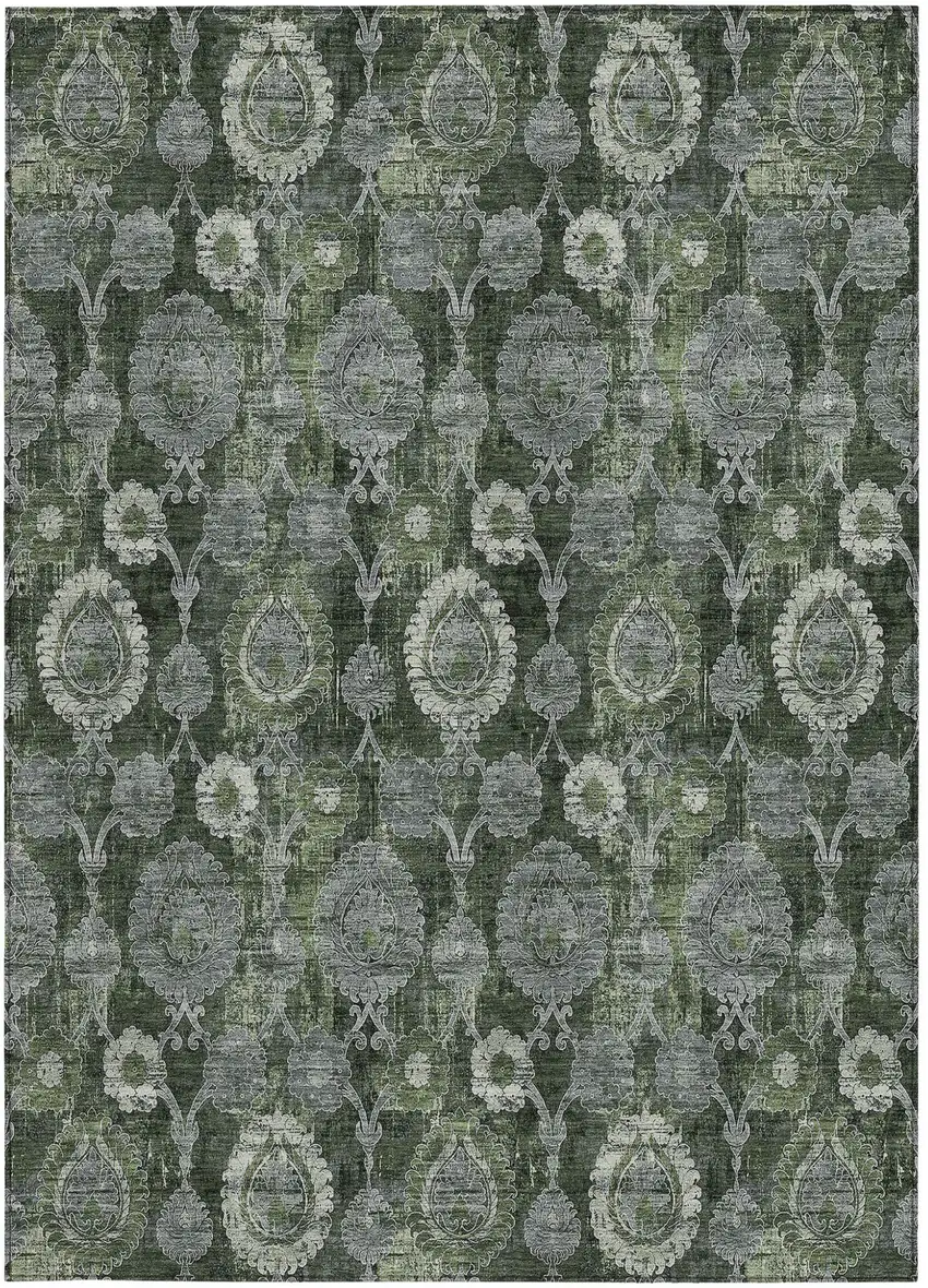 Olive Green And Fern Green Damask Washable Indoor Outdoor Area Rug Photo 6