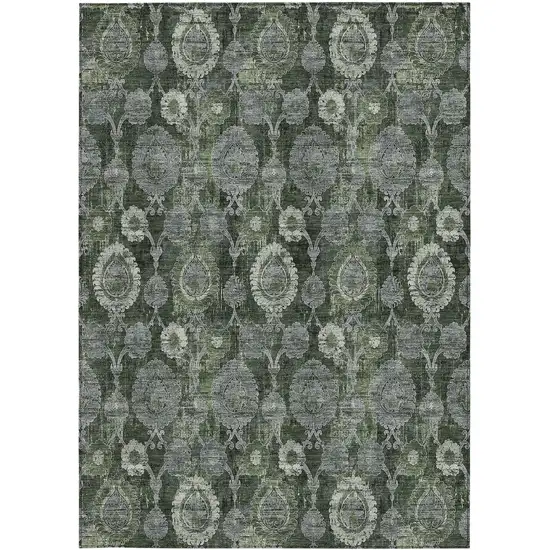 Olive Green And Fern Green Damask Washable Indoor Outdoor Area Rug Photo 6