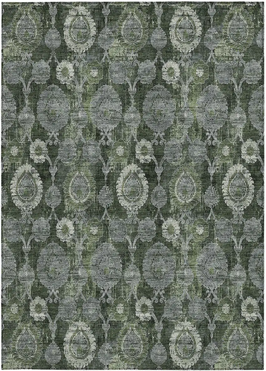 Olive Green And Fern Green Damask Washable Indoor Outdoor Area Rug Photo 6