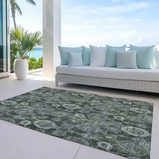 Olive Green And Fern Green Damask Washable Indoor Outdoor Area Rug Photo 7