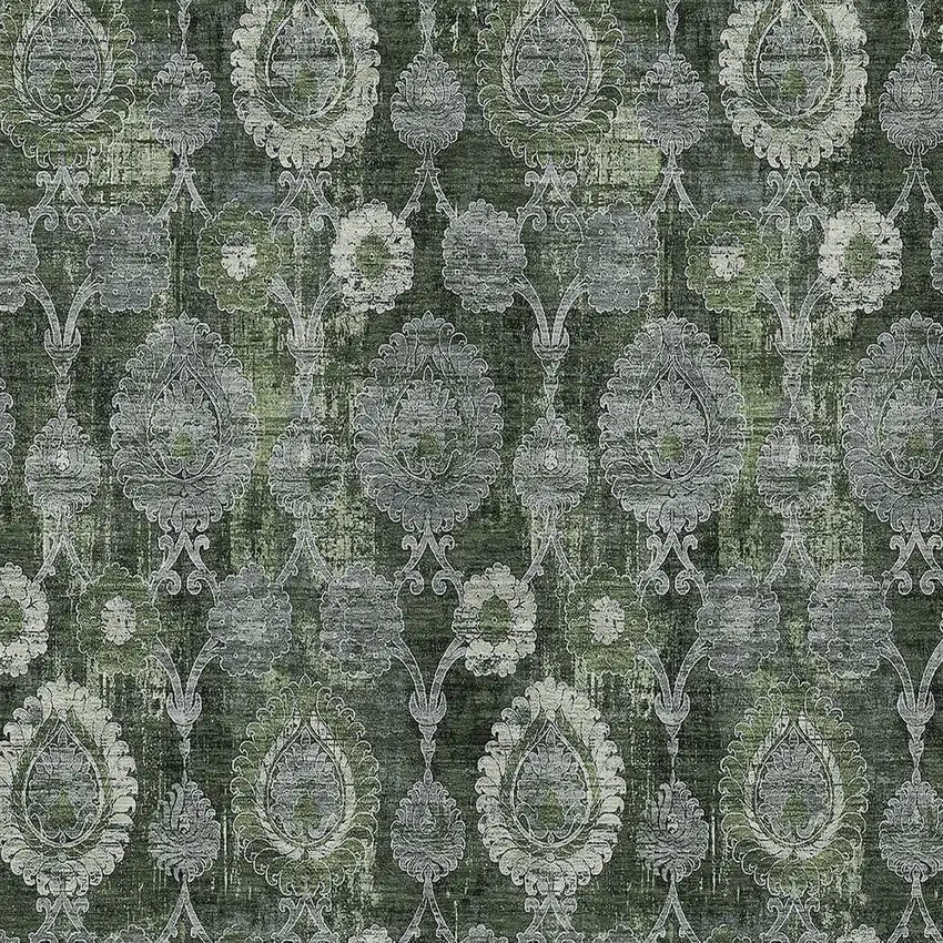 Olive Green And Fern Green Damask Washable Indoor Outdoor Area Rug Photo 6