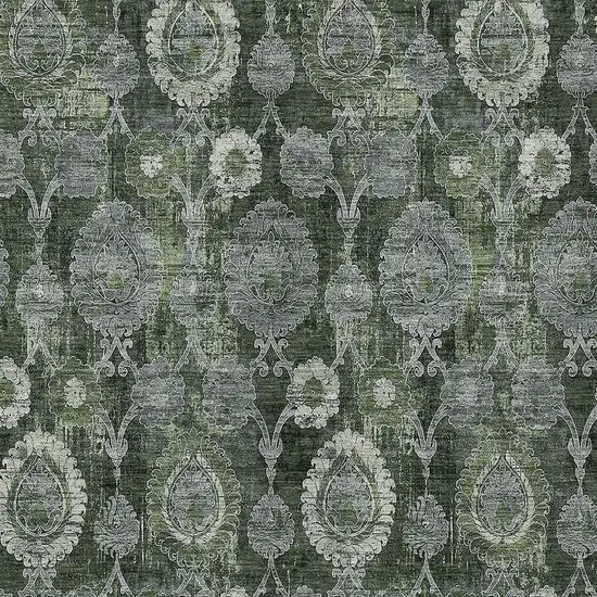 Olive Green And Fern Green Damask Washable Indoor Outdoor Area Rug Photo 6