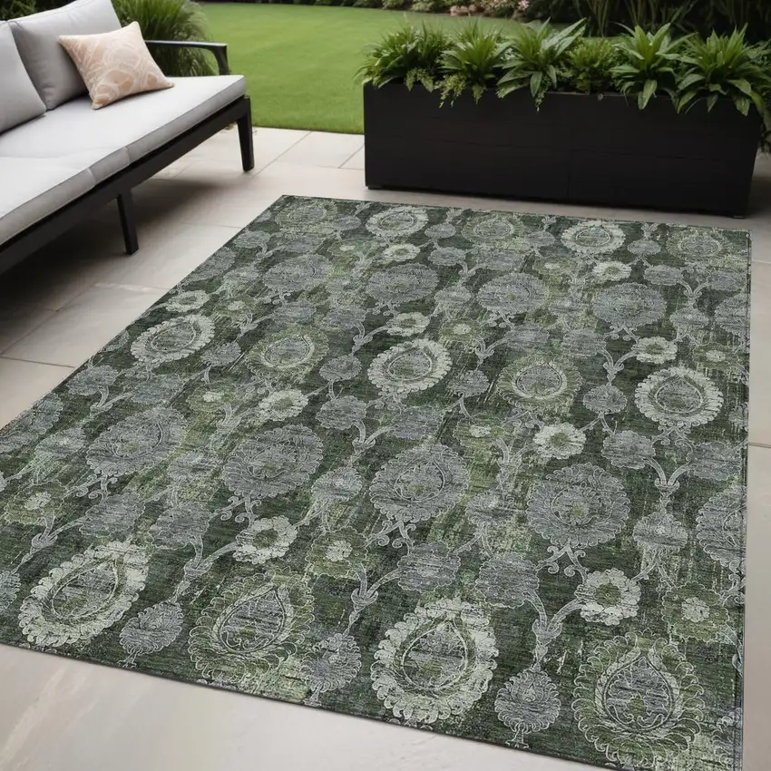 Olive Green And Fern Green Damask Washable Indoor Outdoor Area Rug Photo 1