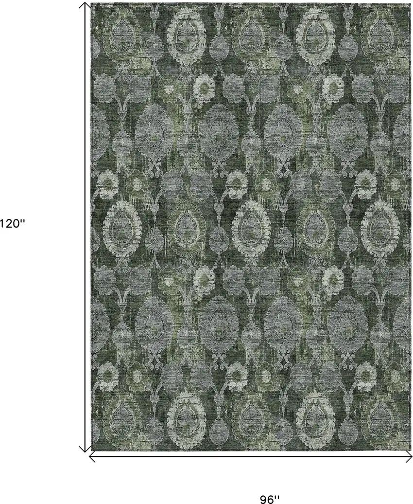 Olive Green And Fern Green Damask Washable Indoor Outdoor Area Rug Photo 3