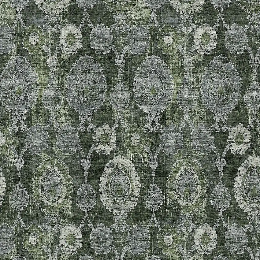 Olive Green And Fern Green Damask Washable Indoor Outdoor Area Rug Photo 6
