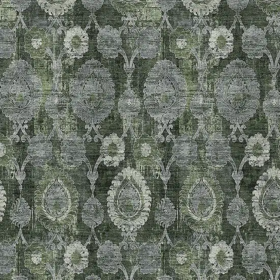 Olive Green And Fern Green Damask Washable Indoor Outdoor Area Rug Photo 6