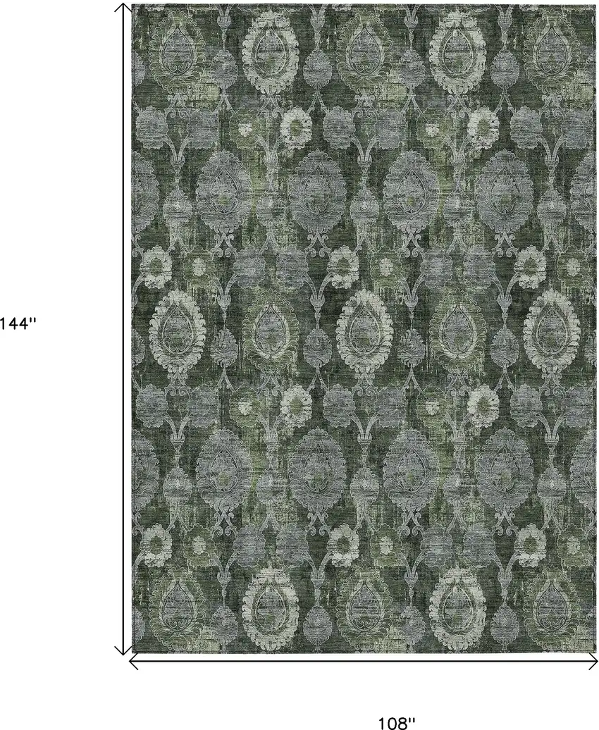 Olive Green And Fern Green Damask Washable Indoor Outdoor Area Rug Photo 3