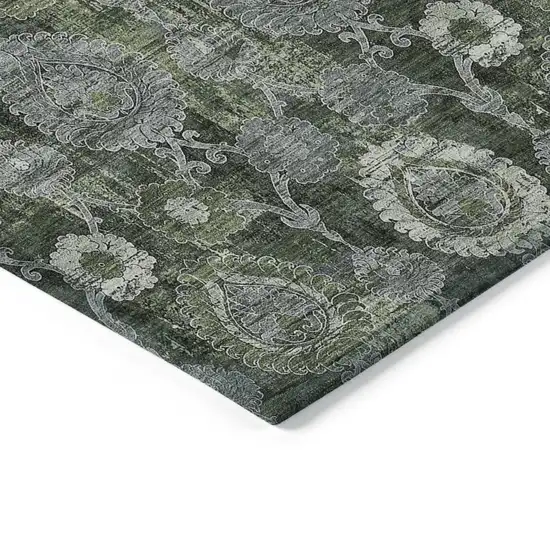 Olive Green And Fern Green Damask Washable Indoor Outdoor Area Rug Photo 5