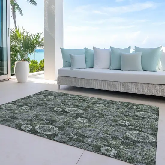 Olive Green And Fern Green Damask Washable Indoor Outdoor Area Rug Photo 8