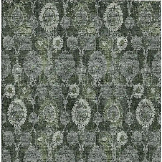 Olive Green And Fern Green Damask Washable Indoor Outdoor Area Rug Photo 7
