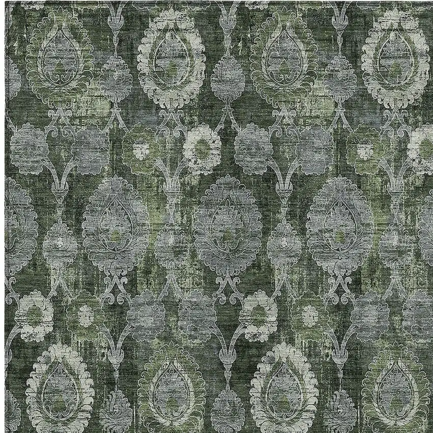 Olive Green And Fern Green Damask Washable Indoor Outdoor Area Rug Photo 6