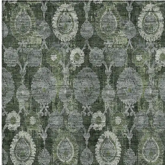 Olive Green And Fern Green Damask Washable Indoor Outdoor Area Rug Photo 6