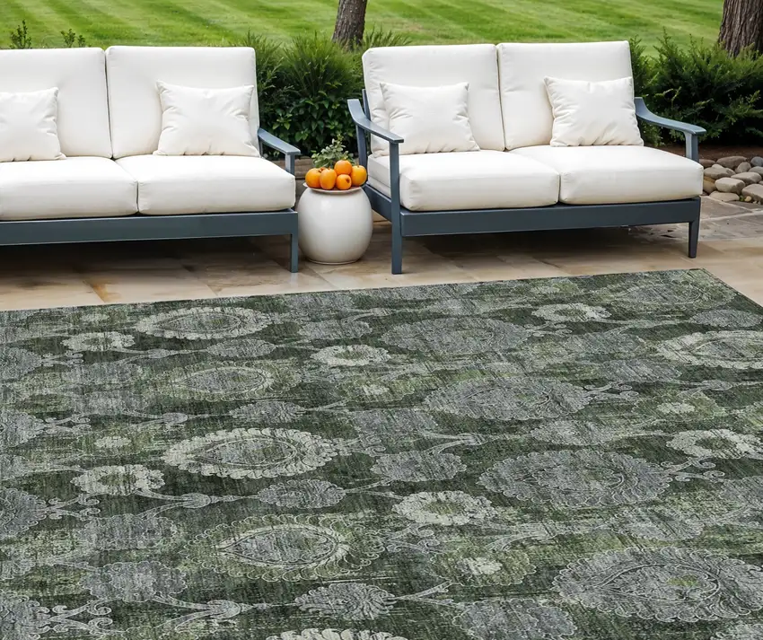 Olive Green And Fern Green Damask Washable Indoor Outdoor Area Rug Photo 1
