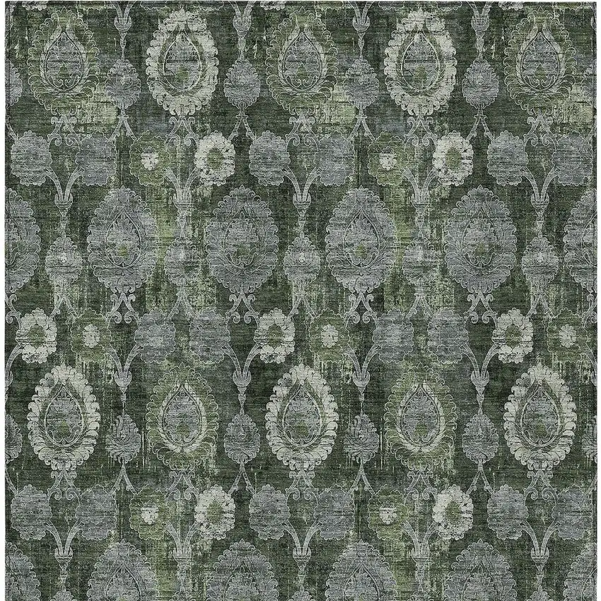 Olive Green And Fern Green Damask Washable Indoor Outdoor Area Rug Photo 7