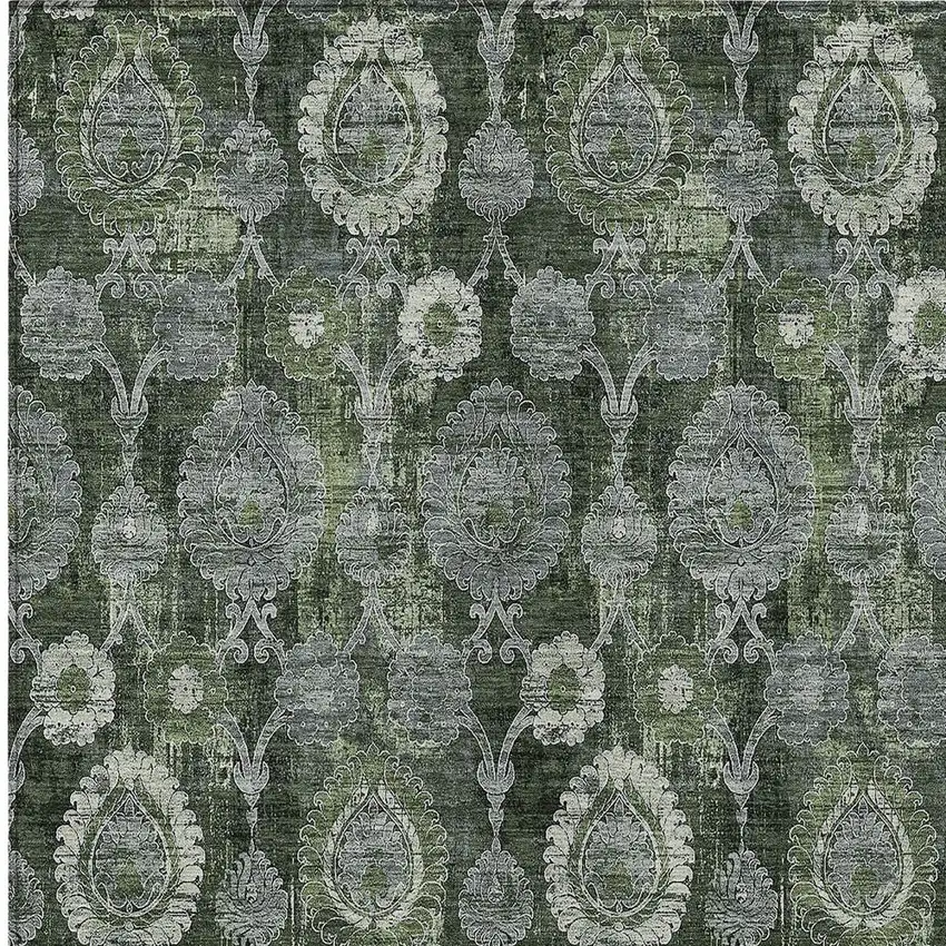 Olive Green And Fern Green Damask Washable Indoor Outdoor Area Rug Photo 6