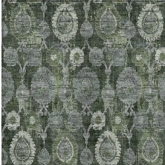 Olive Green And Fern Green Damask Washable Indoor Outdoor Area Rug Photo 6