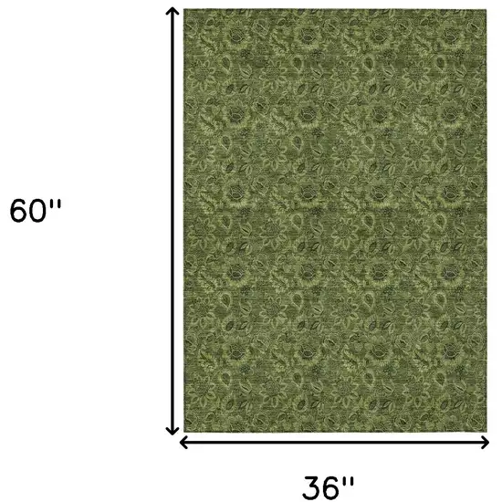 Olive Green And Fern Green Floral Washable Indoor Outdoor Area Rug Photo 6
