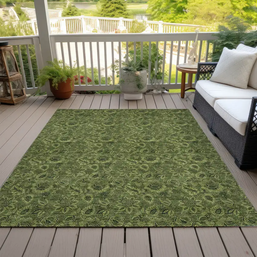 Olive Green And Fern Green Floral Washable Indoor Outdoor Area Rug Photo 6
