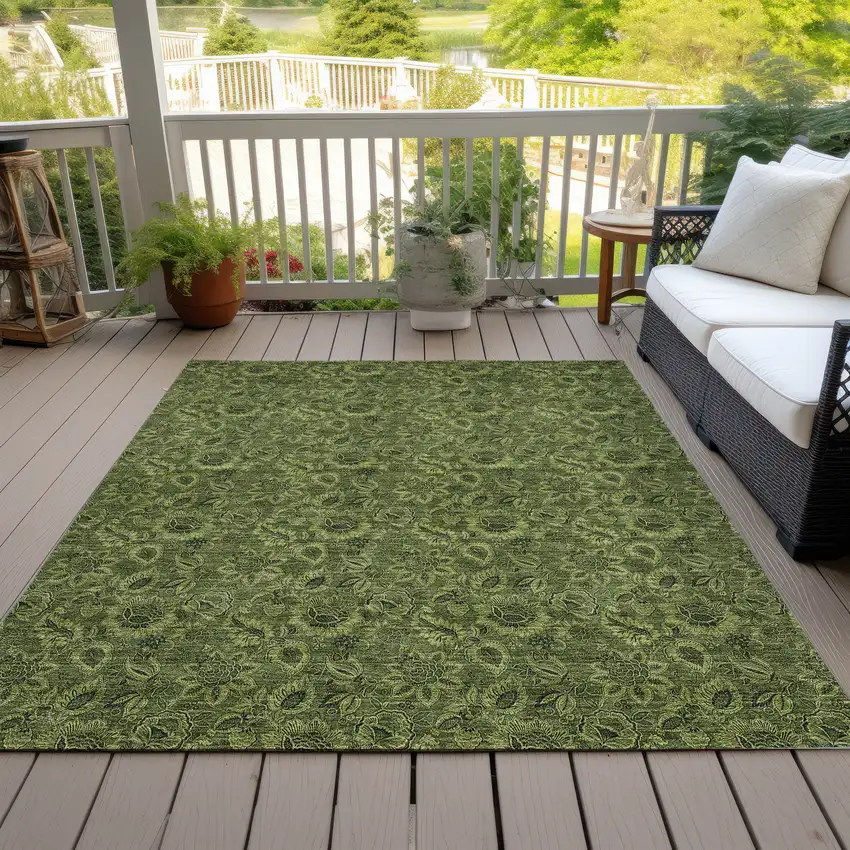 Olive Green And Fern Green Floral Washable Indoor Outdoor Area Rug Photo 6