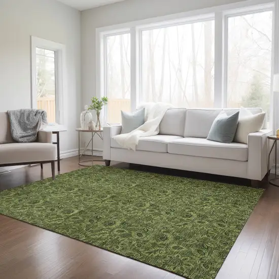 Olive Green And Fern Green Floral Washable Indoor Outdoor Area Rug Photo 8