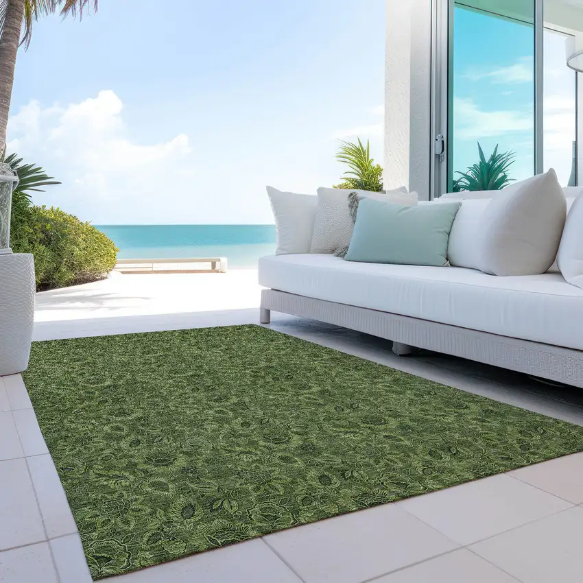 Olive Green And Fern Green Floral Washable Indoor Outdoor Area Rug Photo 9