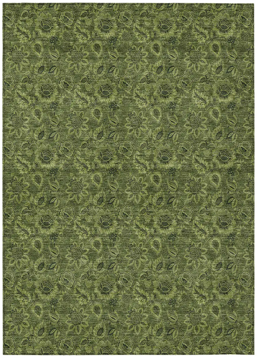 Olive Green And Fern Green Floral Washable Indoor Outdoor Area Rug Photo 1